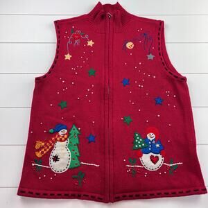 Cappagallo Vintage Red Holiday Winter Snowman Sweater Vest Size Small Full Zip